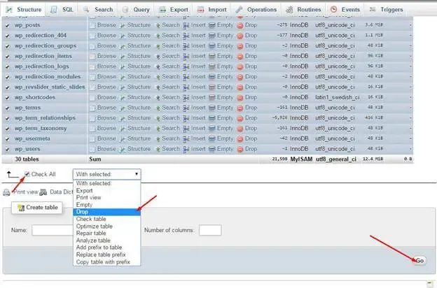 Drop tables in WordPress database
