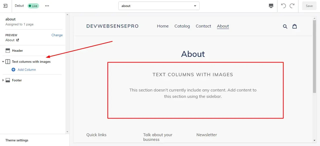 text column with images in debut theme