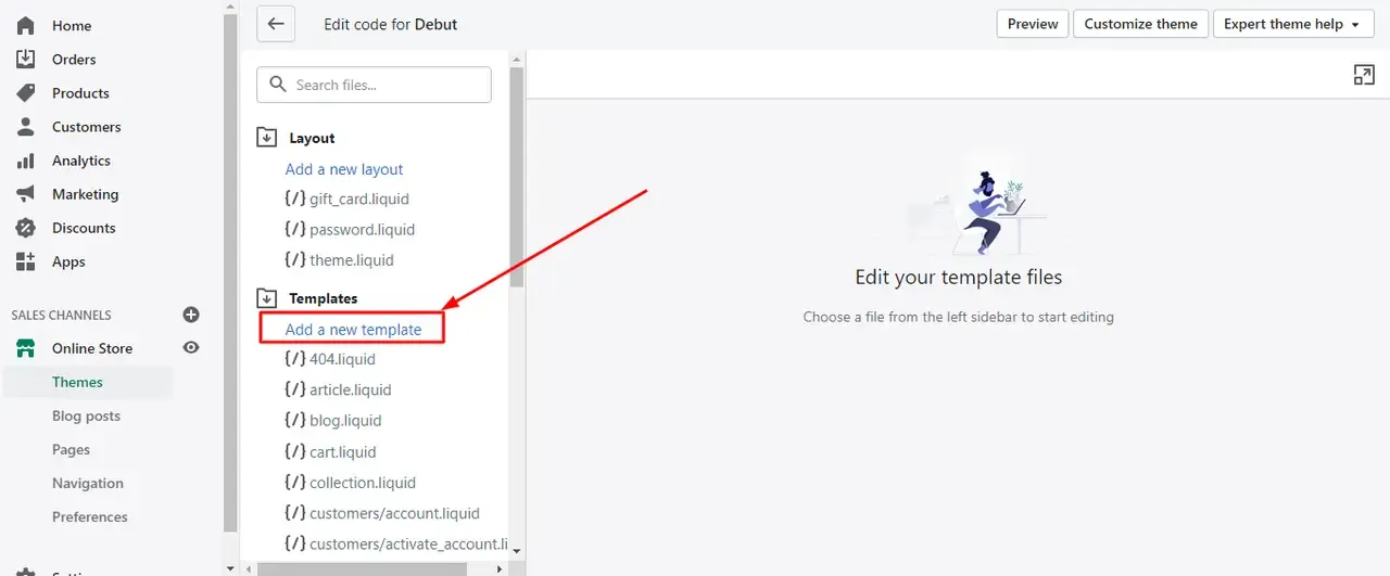 add new template shopify debut theme