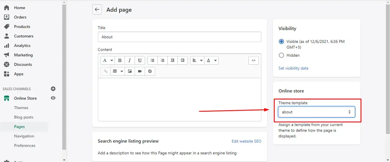 selecting template from shopify dashboard