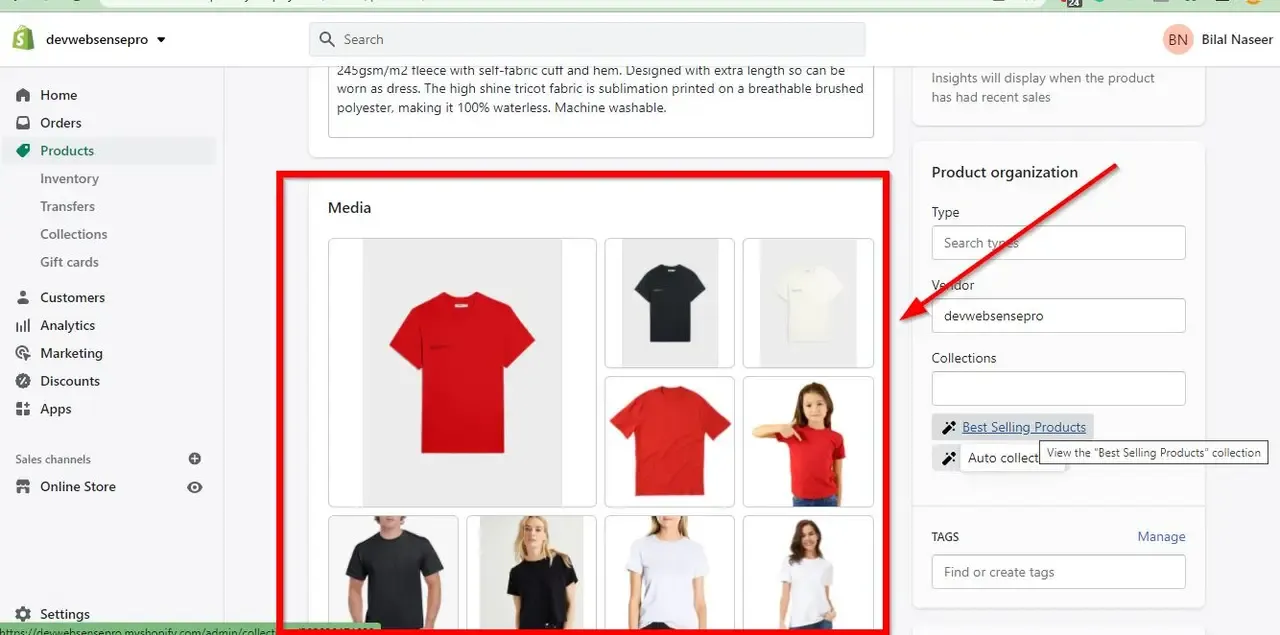 media section shopify dashboard
