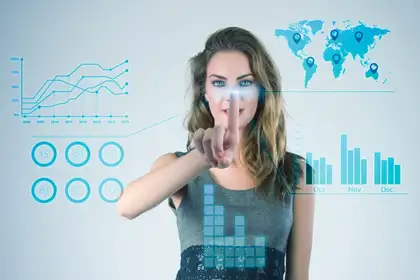 Businesswoman working with modern virtual technologies hands touching the screen