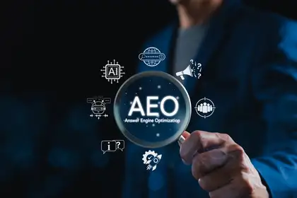 AEO answer engine optimization strategy concept, businessman holding magnifying glass